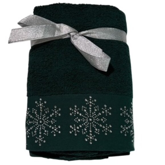 Grammercy Studio Rhinestone Snowflake Bath Hand Towels Set of 2 Dark Green NWT - Picture 5 of 5